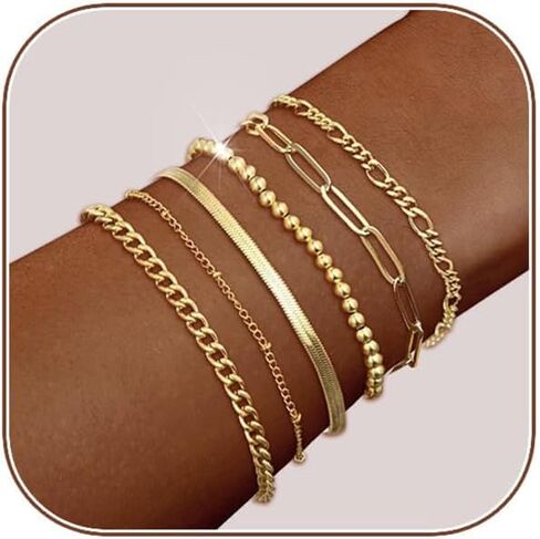 Luxval Gold Bracelets for Women Dainty 14K Gold Plated Filled Bracelet Stack Trendy Gold Jewelry Set for Women Paperclip Bracelets Snake Figaro Chain Fashion Waterproof Jewelry Gift in Saudi Arabia