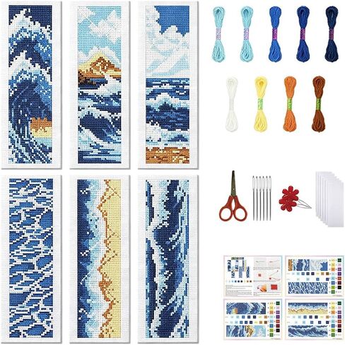 FREEBLOSS 6 Set Cross Stitch Bookmark Kit Cross Stitch Kit Sea Wave Stamped Embroidery Bookmark with Instruction Landscape Cross Stitch Kits for Adults DIY Bookmark Kit 8.66''x3.15'' in Saudi Arabia