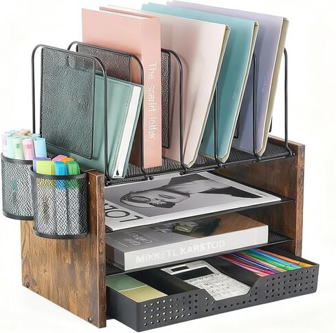 Aupsen Desk Organizer and Accessories ، منظم ملفات الخشب الشبكي مع حاملي درج وحاملي قلم ، ومنظمة لسطح المكتب وتخزينها مع 5 حاملي للملفات العمودية ، وملحقات مكتب المكتب للمكتب المنزلي in Saudi Arabia