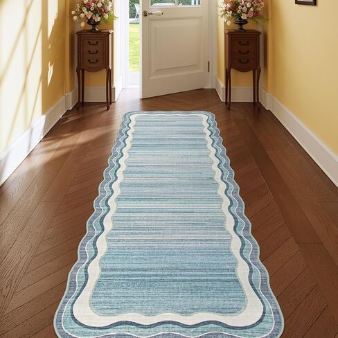 Lahome Scalloped Blue Washable Rug Runners for Hallways Non Slip,2'6x8 Bathroom Kitchen Runner Rugs Non Skid Washable,Modern Abstract Soft Indoor Carpet Runner for Entryway Foyer(Blue,2'6x8) in Saudi Arabia