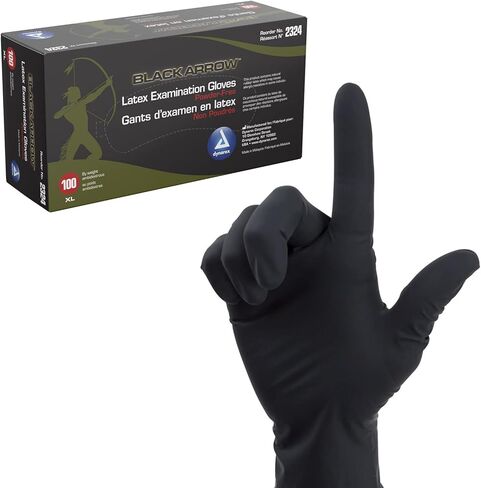 Dynarex Black Arrow Disposable Latex Exam Gloves, Powder-Free, For Healthcare, Law Enforcement, Tattoo, Salon or Spa, Black (100, Large) in Saudi Arabia