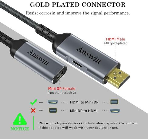 Answin HDMI إلى Mini DisplayPort محول، 4K HDMI إلى Mini DisplayPort Active HDMI 1.4 مصدر لأجهزة Xbox One/360، Mac Mini، الكمبيوتر الشخصي/أجهزة الكمبيوتر المحمولة إلى شاشة Mini DP 1.2 Out مع DisplayPort/Mini DisplayPort in Kuwait