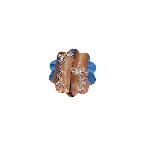 Chargances Boho حجر الراين سلسلة القدم مع حلقة اصبع القدم كريستال صنادل بيرفوت سوار الكاحل الشاطئ الزفاف الكاحل سلسلة مجوهرات للنساء والفتيات (قطعة واحدة) (فضي) in Saudi Arabia