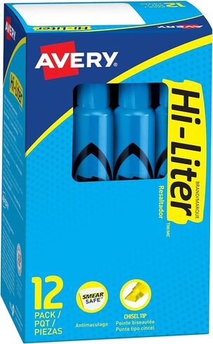 أقلام تحديد على شكل مكتب من AVERY Hi-Liter، حبر آمن للتلطيخ، طرف إزميل، 12 قلم تحديد باللون الأزرق الفلوريسنت (24016) in Saudi Arabia
