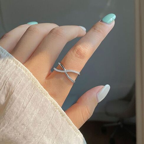 14K Gold Plated Rings,Criss Cross Ring Cubic Zirconia Simulated Diamond Ring for women Adjustable Hypoallergenic Open Rings 925 Sterling Silver Ring for Mother's Day Gifts in Saudi Arabia