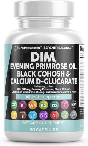 Clean Nutraceuticals DIM 300 ملغ من زهرة الربيع المسائية 3000 ملغ من الكوهوش الأسود 3000 ملغ من الكالسيوم د-غلوكارات 250 ملغ من مستخلص بذور الكتان السلفورافان - فيتامينات الدعم الهرموني للنساء مع دونغ كاي - 60 كبسولة in Saudi Arabia