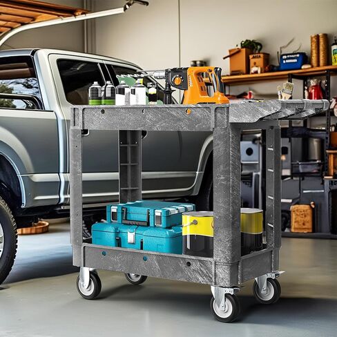 DWVO Service Utility Cart on Wheels, 550 lbs 2 Shelf Heavy Duty Rolling Carts, 45 x 25 in Plastic Cart Work Carts with Wheels for Warehouse Garage School & Office, Cleaning in Saudi Arabia