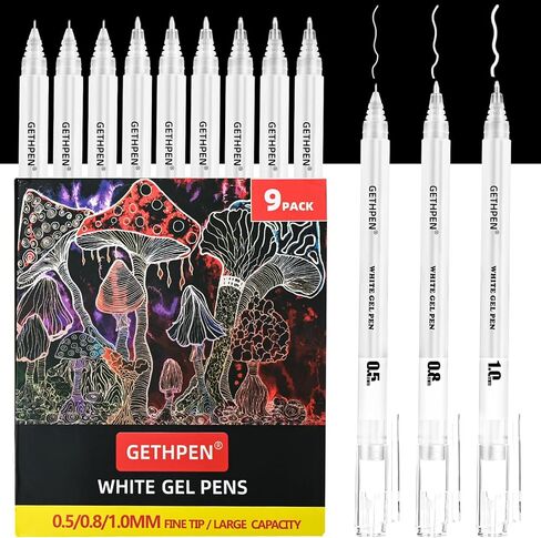 White Gel Pens,1mm, 0.8mm 0.5mm Fine Point Opaque White Archival Ink Pen for Black Paper Drawing, Sketching, Illustration, Bullet Journaling, Pack of 9 in Kuwait