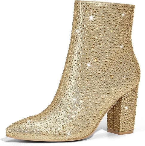 SUEDI Rhinestone Boots for Women, Sparkly Ankle Booties | Rhinestone, Zipper, Ankle-High, Pointed Toe, Chunky Heel, for Country Concert Party Special Events in Saudi Arabia