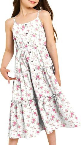 Enlifety Girls Summer Casual Dress Ruffle Pleated Tiered Dresses Spaghetti Straps Twirl Swing Sundress Size 6-12T in Saudi Arabia