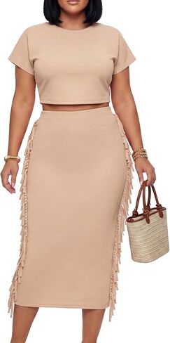 LYANER Women's 2 Piece Outfits Crew Neck Fringe Short Sleeve Crop Top and Tassel Trim Bodycon Midi Skirt Set in Kuwait