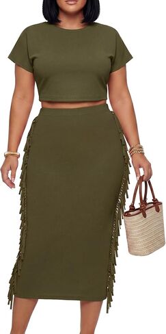 LYANER Women's 2 Piece Outfits Crew Neck Fringe Short Sleeve Crop Top and Tassel Trim Bodycon Midi Skirt Set in Saudi Arabia