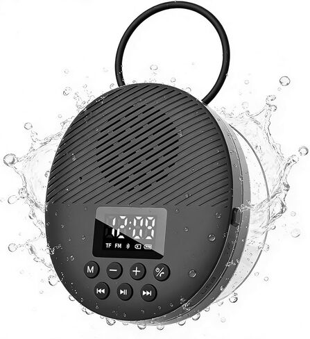 Shower Radio Speaker with Bluetooth 5.0, AGPTEK Waterproof Wireless Bathroom FM with Suction Cup 12H Long Playback Time, Lanyard, LCD Screen Display, Handsfree Calling, Storage Card Playback Black in Saudi Arabia