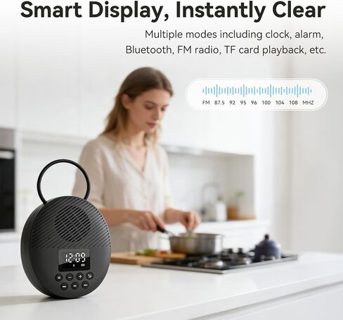 Shower Radio Speaker with Bluetooth 5.0, AGPTEK Waterproof Wireless Bathroom FM with Suction Cup 12H Long Playback Time, Lanyard, LCD Screen Display, Handsfree Calling, Storage Card Playback Black in Saudi Arabia