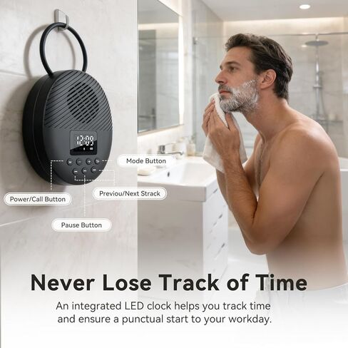 Shower Radio Speaker with Bluetooth 5.0, AGPTEK Waterproof Wireless Bathroom FM with Suction Cup 12H Long Playback Time, Lanyard, LCD Screen Display, Handsfree Calling, Storage Card Playback Black in Saudi Arabia