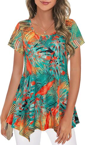 Nandashe Women Short Sleeves Tunic Shirts Casual Scoop Neck Floral Irregular Hem Blouses Tops in Kuwait