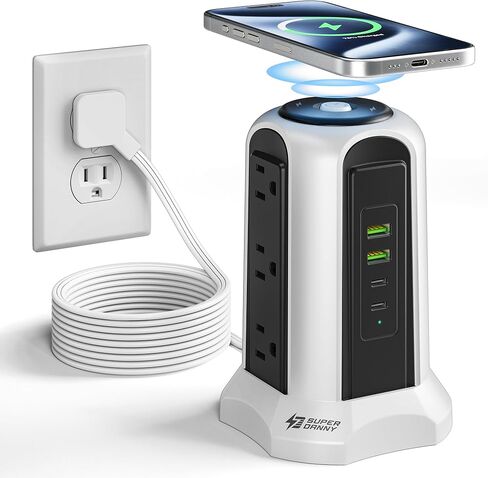 Power Strip Tower Wireless Charger, SUPERDANNY Surge Protector Tower, 10A 1080J Charger Station with 9 Outlets & 4 USB Ports, Extension Cord 10ft for Laptop Phone Black and Blue in Saudi Arabia