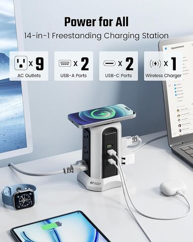 Power Strip Tower Wireless Charger, SUPERDANNY Surge Protector Tower, 10A 1080J Charger Station with 9 Outlets & 4 USB Ports, Extension Cord 10ft for Laptop Phone Black and Blue in Saudi Arabia