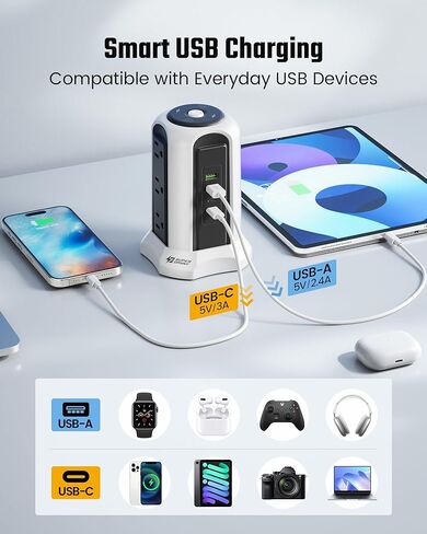 Power Strip Tower Wireless Charger, SUPERDANNY Surge Protector Tower, 10A 1080J Charger Station with 9 Outlets & 4 USB Ports, Extension Cord 10ft for Laptop Phone Black and Blue in Saudi Arabia