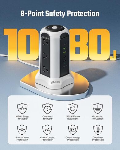 Power Strip Tower Wireless Charger, SUPERDANNY Surge Protector Tower, 10A 1080J Charger Station with 9 Outlets & 4 USB Ports, Extension Cord 10ft for Laptop Phone Black and Blue in Saudi Arabia