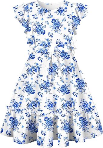 Funnycokid Girls Dresses Kids Ruffle Sleeve Flowy Clothes for 6-13 Years in Kuwait