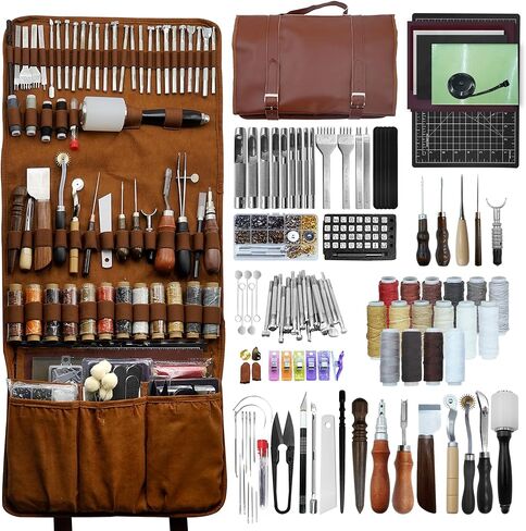 EDIETH Leather Tools for Professional Leather Working Leather Tooling Kit Leather Craft Tools Leather Working Kit with Custom Handbag Cutting Mats Engraving Punching Sewing Stamping Sanding Tools in Saudi Arabia