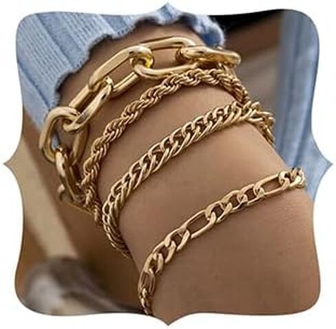 JWICOS Gold Boho Stacking Chunky Bangle Bracelet for Women and Girls Flat Mariner Bracelet Cuban Chain Bracelet Set Cut Rope Chain Bracelet for Women and Girls Gift Set of 4 (Gold) in Saudi Arabia