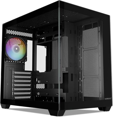 Vetroo AL900 ATX Computer PC Case 270 درجة عرض كامل من الزجاج المقسى ARGB ومروحة PWM FDB مثبتة مسبقًا في الخلف 360 مم مشعاع يدعم تدفق الهواء العالي مثقوب حتى 10 مراوح يدعم 40 سلسلة من وحدات معالجة الرسومات - أسود in Kuwait