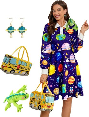 Womens Long Sleeve Peter Pan Collar Aline Dress for Halloween Role Play Party Teacher Costume with Bus Bag in Saudi Arabia