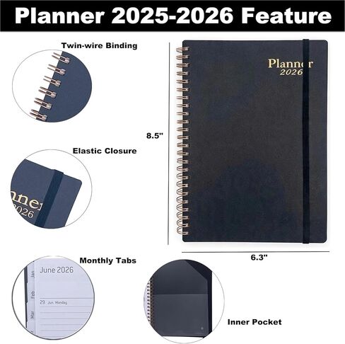 Daily Planner 2025-2026 ، Jul.2025-Jun.2026 ، Weekly & Monthly Planner ، Calendar Planner 2025 مع دفتر ملاحظات شخصية للعمل أو المنزل ، 6.3 "× 8.5" ، ورق أكثر سمكًا ، أسود in Kuwait