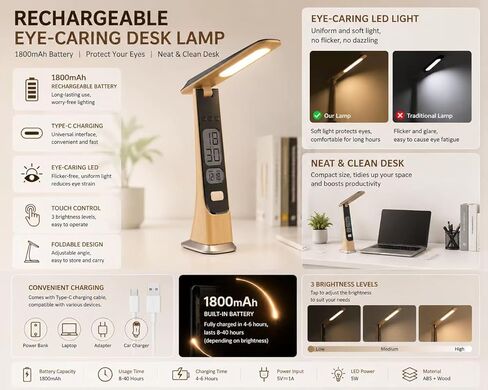 مصباح مكتب LED اللاسلكي القابل لإعادة شحنه ، مصباح طاولة قابلة للذات مع بطارية ، ساعة رقمية ، شاشة LCD ، التاريخ ، الأضواء المحمولة القابلة للطي السطوع للمنزل ، القراءة ، المكتب (بني) in Saudi Arabia
