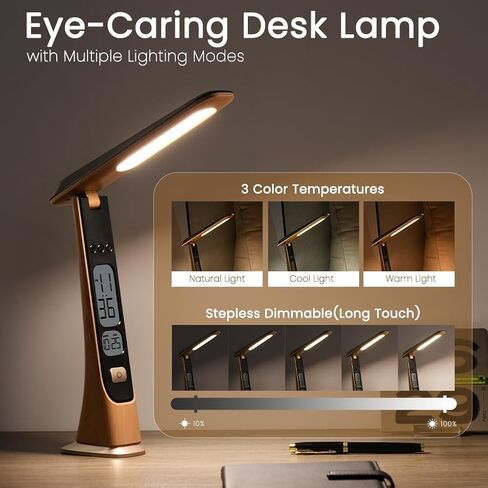 مصباح مكتب LED اللاسلكي القابل لإعادة شحنه ، مصباح طاولة قابلة للذات مع بطارية ، ساعة رقمية ، شاشة LCD ، التاريخ ، الأضواء المحمولة القابلة للطي السطوع للمنزل ، القراءة ، المكتب (بني) in Saudi Arabia