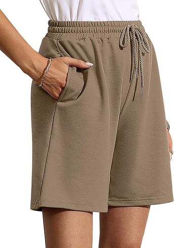 Quenteen Women Casual Plain Color Loose Fit 7" Inseam Shorts Cottot Bermuda Shorts with Pockets Medium Dark Green in Kuwait