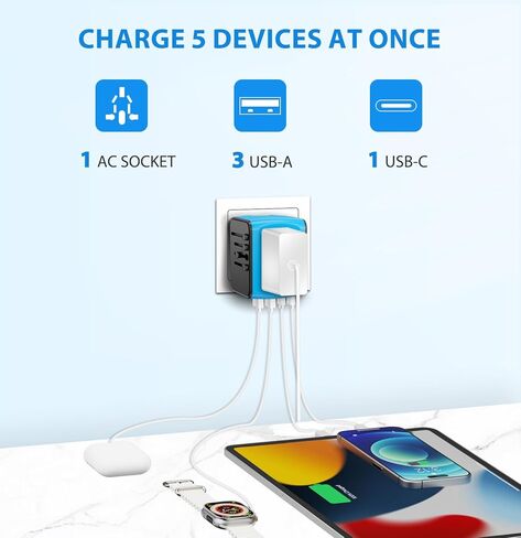 محول طاقة عالمي للسفر، شاحن حائط الكل في واحد مع سرعة عالية 2.4 أمبير 3xUSB، 3.0 أمبير نوع C، محول أوروبي، مقابس مخرج تيار متردد عالمي للمملكة المتحدة، كاليفورنيا، الاتحاد الأوروبي، الاتحاد الأفريقي، آسيا (أزرق) in Kuwait