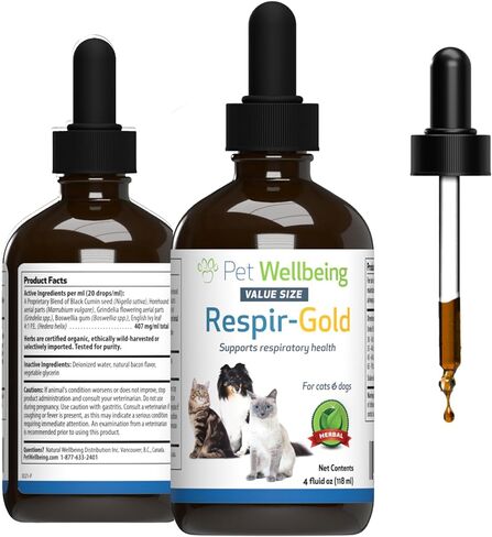 Pet Wellbeing Respir-Gold for Dogs & Cats - Vet-Formulated - Easy Breathing, Open Airways, Respiratory Support - Natural Herbal Supplement 4 oz (118 ml) in Saudi Arabia