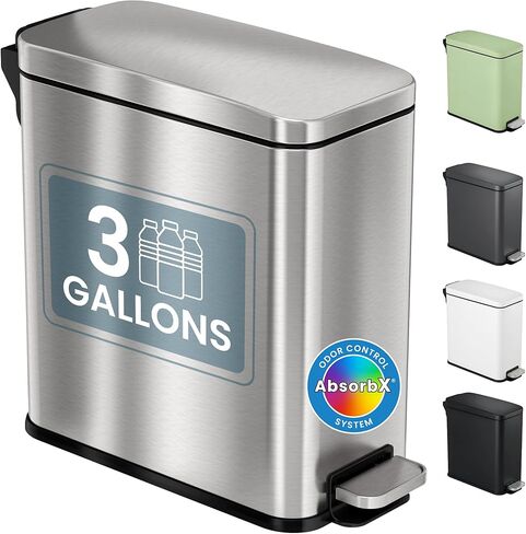 iTouchless 3 Gallon Small Wastebasket for Bathroom with Lid, Deodorizer, Soft-Step Stainless Steel Slim Garbage Bin, 11.5L Matte Grey Small Trash Can, Step Pedal, Modern Industrial Decor for Restroom in Saudi Arabia
