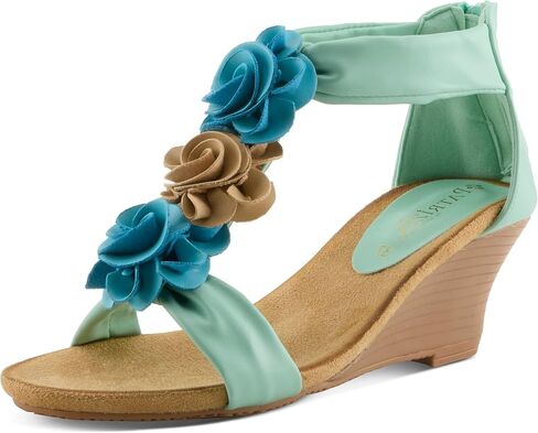 PATRIZIA Women's HARLEQUIN Ankle Strap T-Strap Wedge Sandals - Floral Design, Cushioned Insole, Back Zipper in Saudi Arabia