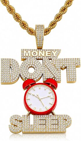 ICEDIAMOND 14K Iced Out Big Red Clock-Money Don't Sleep Excitation Pendant with 24''Rope Chain Necklace, Gold Plated Hip Hop Trend Cool Jewelry for Men in Saudi Arabia