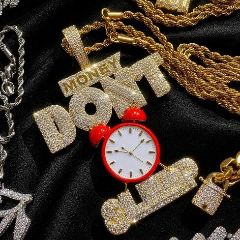 ICEDIAMOND 14K Iced Out Big Red Clock-Money Don't Sleep Excitation Pendant with 24''Rope Chain Necklace, Gold Plated Hip Hop Trend Cool Jewelry for Men in Saudi Arabia
