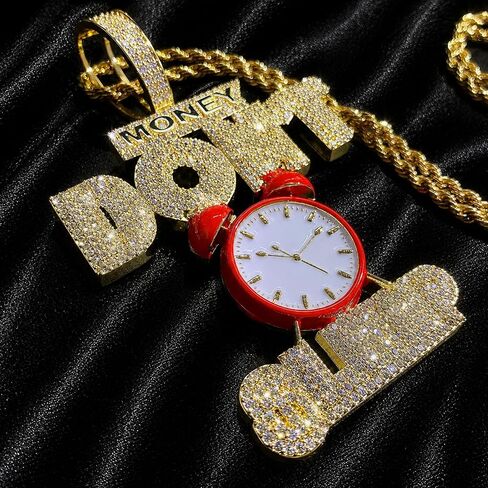 ICEDIAMOND 14K Iced Out Big Red Clock-Money Don't Sleep Excitation Pendant with 24''Rope Chain Necklace, Gold Plated Hip Hop Trend Cool Jewelry for Men in Saudi Arabia