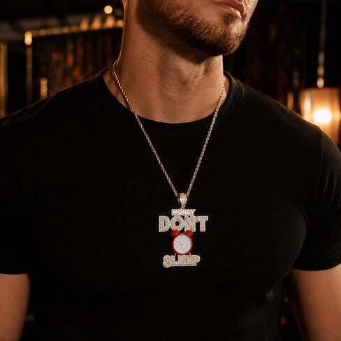 ICEDIAMOND 14K Iced Out Big Red Clock-Money Don't Sleep Excitation Pendant with 24''Rope Chain Necklace, Gold Plated Hip Hop Trend Cool Jewelry for Men in Saudi Arabia