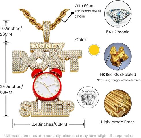 ICEDIAMOND 14K Iced Out Big Red Clock-Money Don't Sleep Excitation Pendant with 24''Rope Chain Necklace, Gold Plated Hip Hop Trend Cool Jewelry for Men in Saudi Arabia