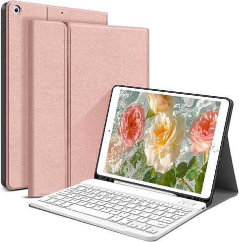 حافظة JUQITECH iPad 9th 8th 7th Generation مع لوحة مفاتيح 10.2 - حافظة لوحة مفاتيح مغناطيسية قابلة للفصل تعمل بتقنية البلوتوث لجهاز iPad 10.2 بوصة 2021 2020 2019، حامل أقلام رصاص، ذهبي وردي in Kuwait