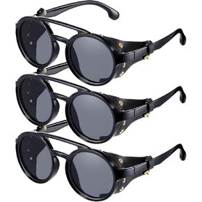 Weewooday 3 Pairs Retro Round Steampunk Sunglasses with Faux Leatherwear for Men Women (Vintage Color) in Kuwait