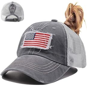 MANMESH HATT Women American Flag Ponytail Hat, Embroidery Adjustable Washed Distressed Messy Bun Baseball Cap … in Kuwait