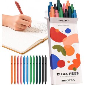 ANECDOTE. Gel Pens, Black Ink Gel Pens (12 pack), Retractable Pen Set, Cute Pens, Fine Point Gel Pens (0.5mm), Smooth Writing Pens with a Chic & Fun Design, Pens for Journaling, Made (Set of 12) in Saudi Arabia