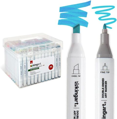 KINGART® 424-120 PRO علامات فنية بحبر كحول مزدوج الأطراف، 120 لونًا، أطراف دقيقة وإزميل، دائمة مع إمكانية مزج فائقة، تتضمن علبة بلاستيكية. 120 قطعة. in Saudi Arabia