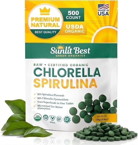 Sunlit Best USDA Organic Chlorella Spirulina Powder - 100% Raw & Vegan Source of Protein & Chlorophyll | Non GMO & Gluten Free Superfood Energy Drink | Gut Health & Immune Support Supplement, 8 oz in Saudi Arabia