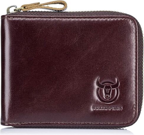 BULLCAPTAIN Leather Wallet for Men RFID Blocking Zipper Bifold Credit Card Wallets (Deep brown) in Kuwait