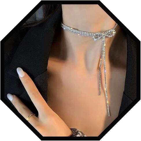 ELABEST Sparkly Rhinestone Necklace Crystal Bowknot Pendant Choker Dainty Tennis Chain Nightclub Party Jewelry for Women in Saudi Arabia